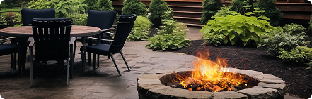Outdoor deck with wooden furniture and greenery