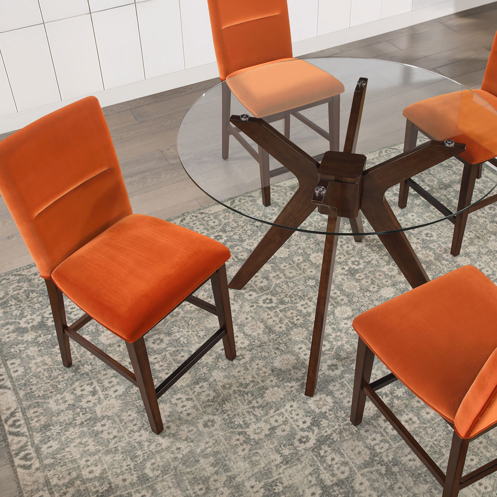 ZEN 5-PIECE GLASS TOP COUNTER SET, ORANGE VELVET CHAIRS