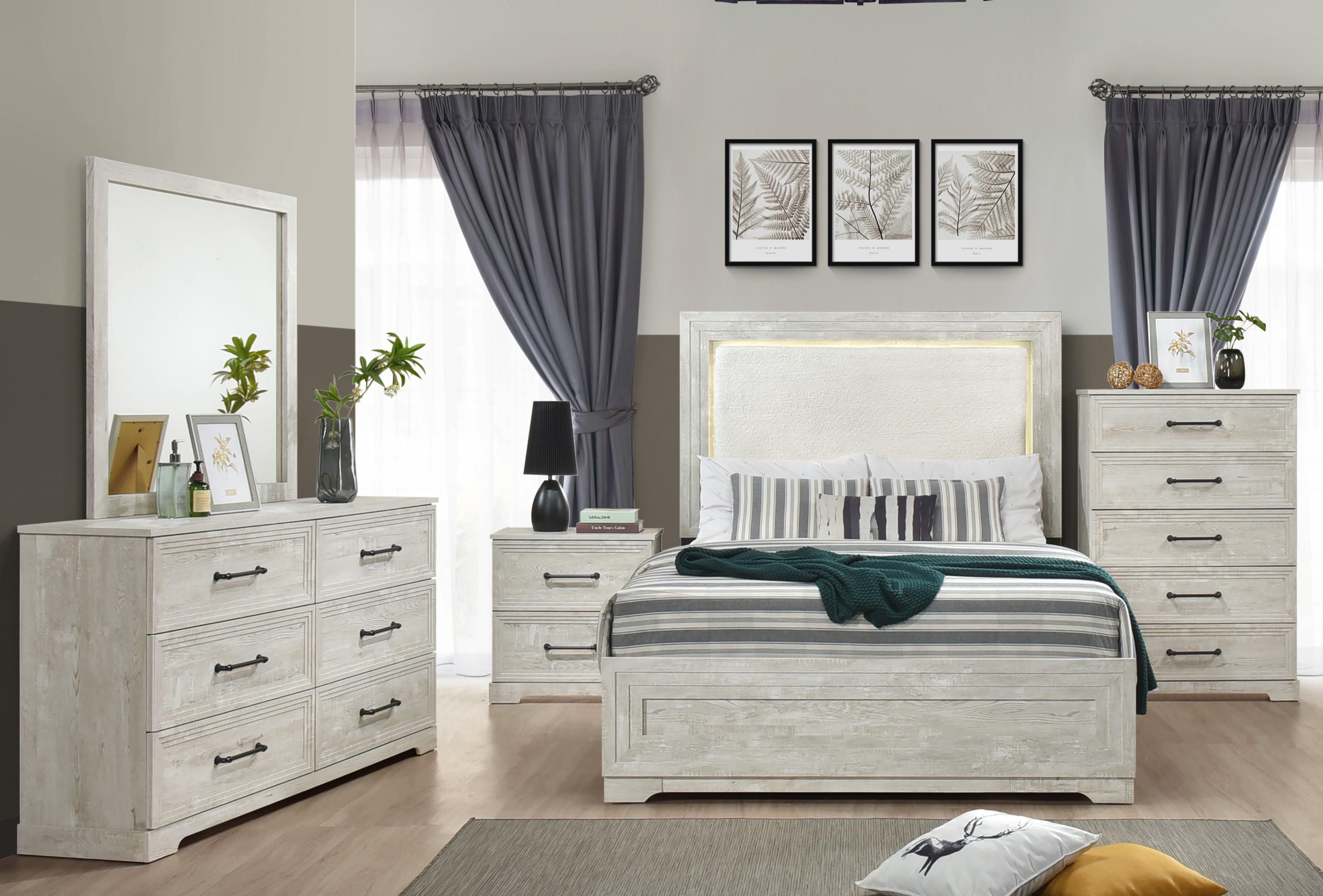 SH2319K-1EK* EK BED W/LED, ANTIQUE LIGHT GRAY McDuffie Collection