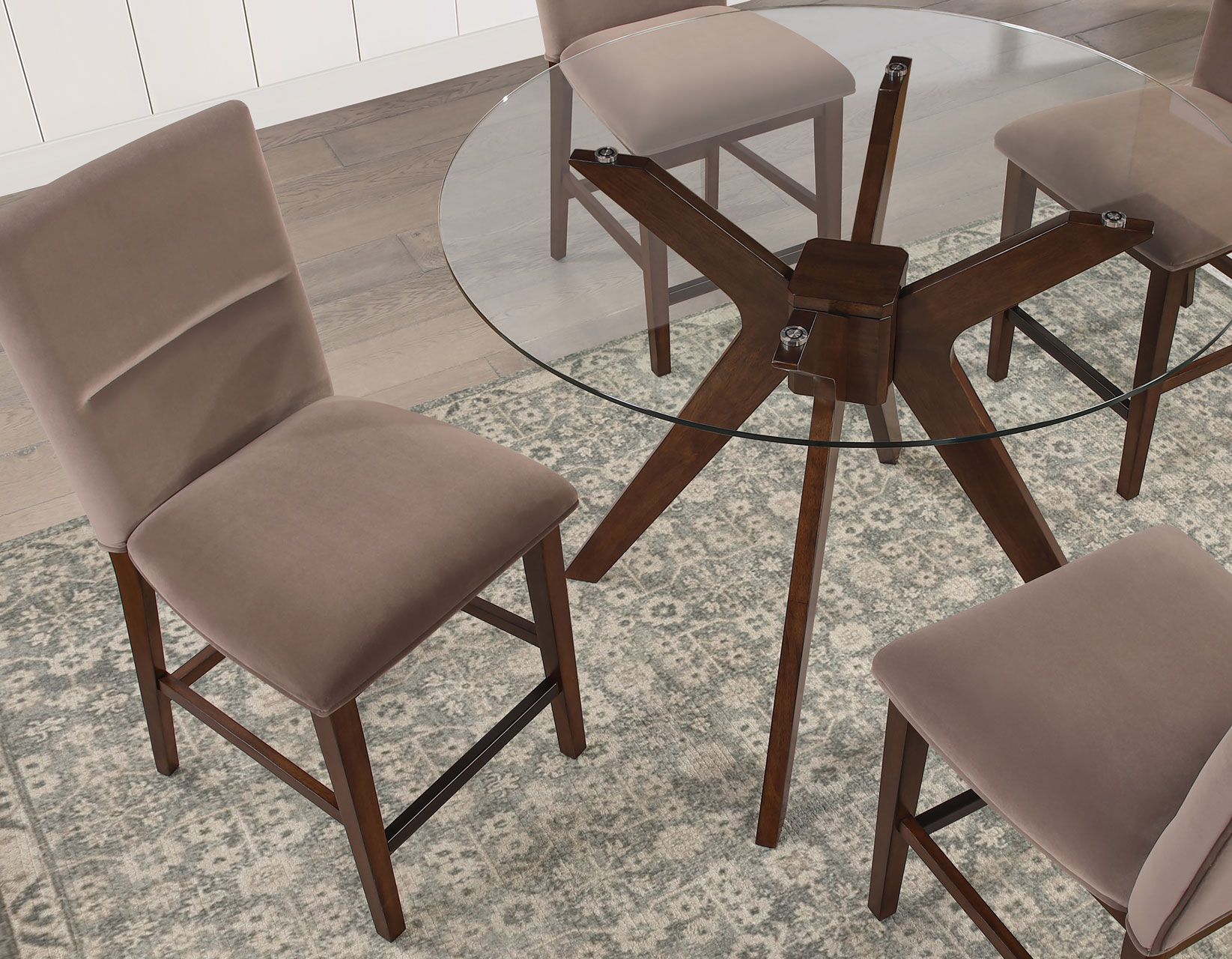 ZEN 5-PIECE GLASS TOP COUNTER SET, BROWN VELVET CHAIRS