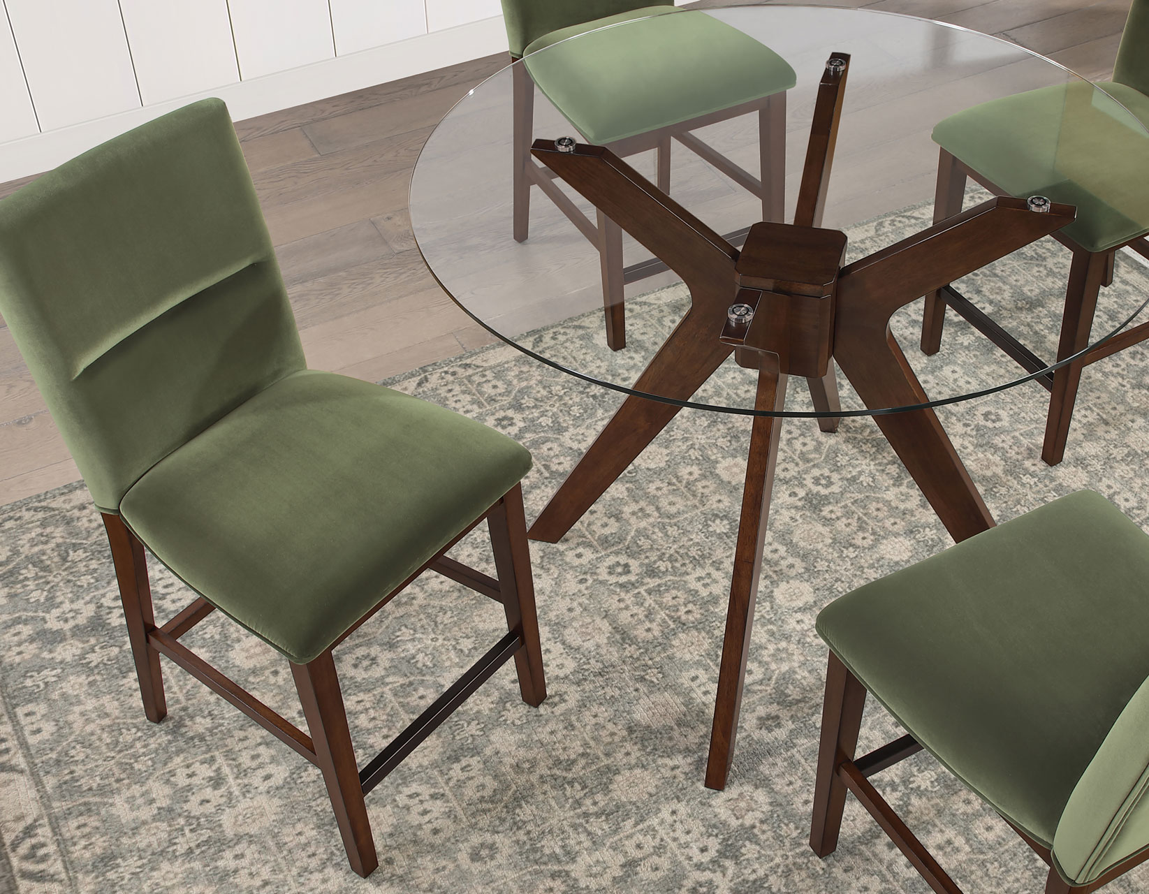 ZEN 5-PIECE GLASS TOP COUNTER SET, GREEN VELVET CHAIRS