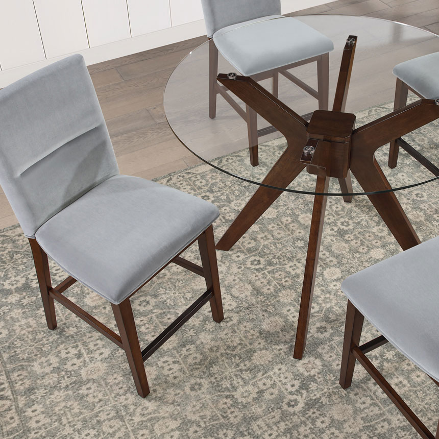 ZEN 5-PIECE GLASS TOP COUNTER SET, GRAY VELVET CHAIRS