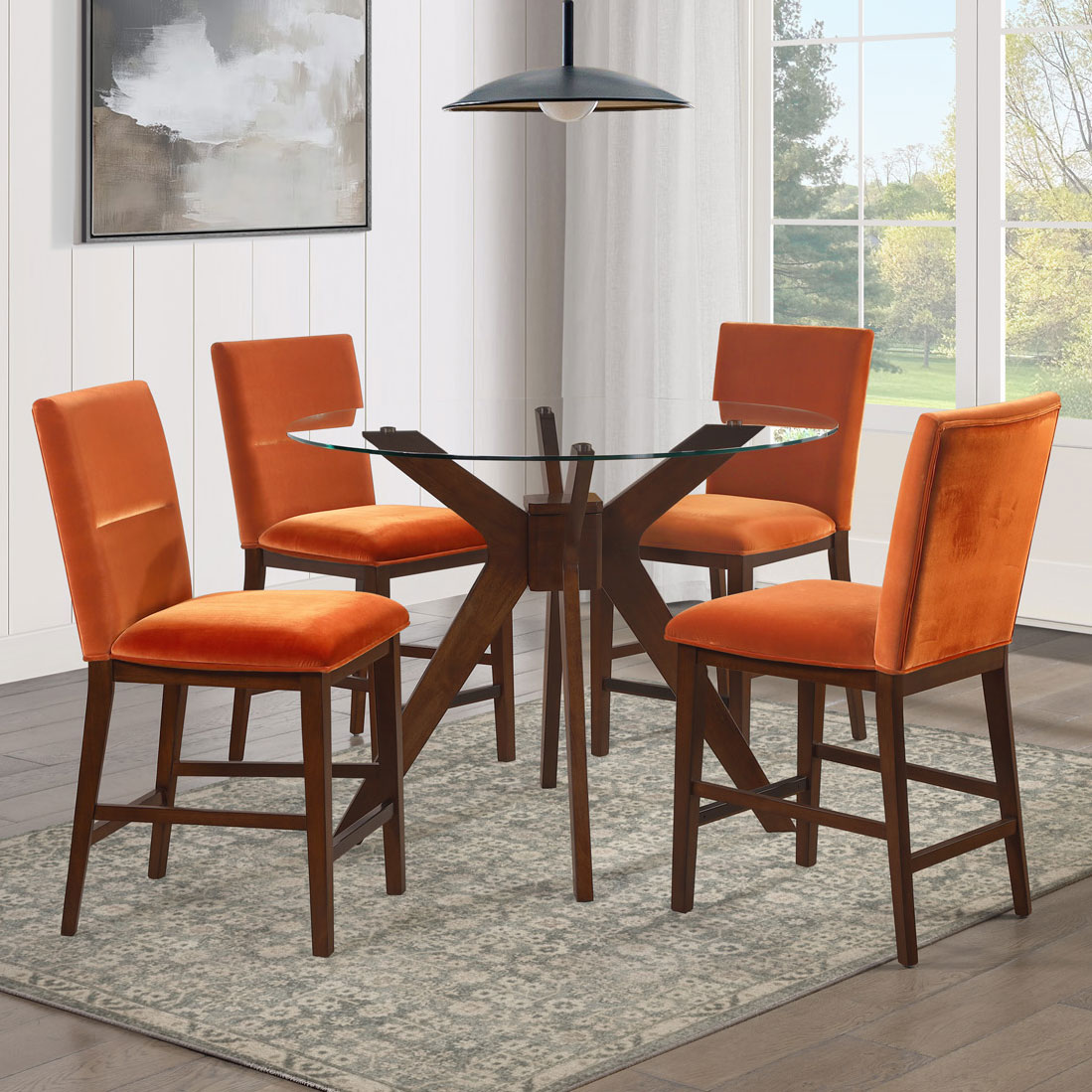 ZEN 5-PIECE GLASS TOP COUNTER SET, ORANGE VELVET CHAIRS