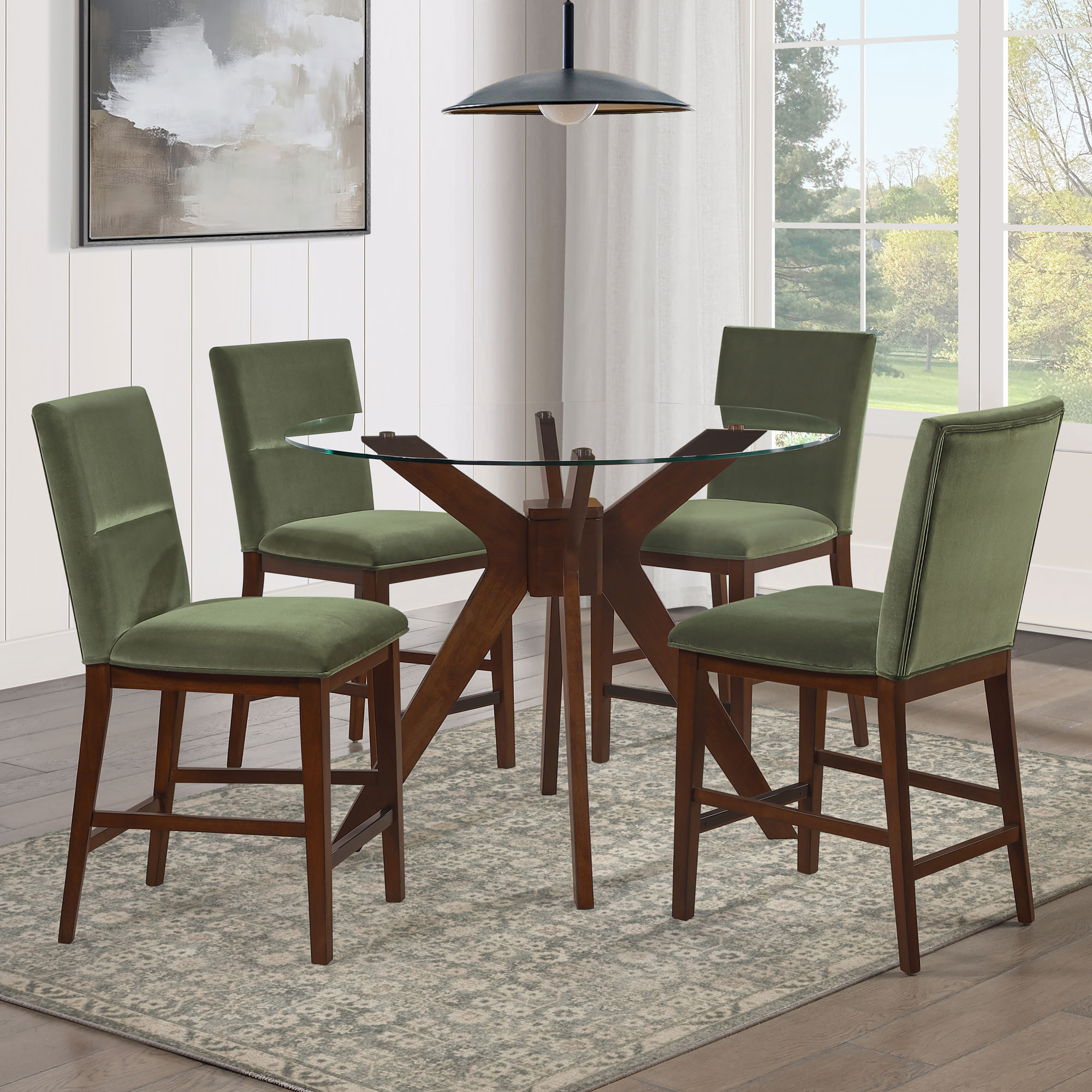 ZEN 5-PIECE GLASS TOP COUNTER SET, GREEN VELVET CHAIRS