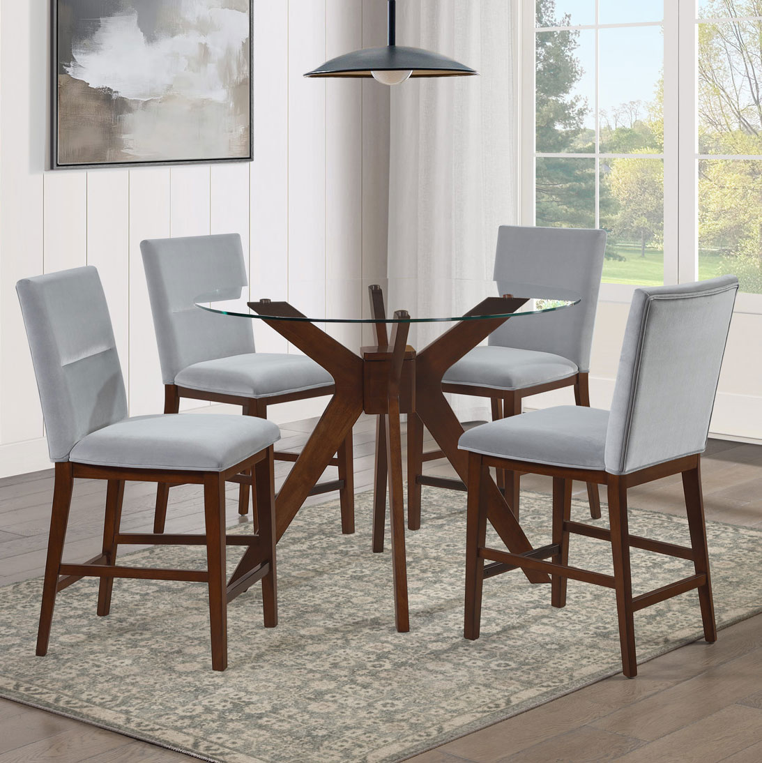 ZEN 5-PIECE GLASS TOP COUNTER SET, GRAY VELVET CHAIRS