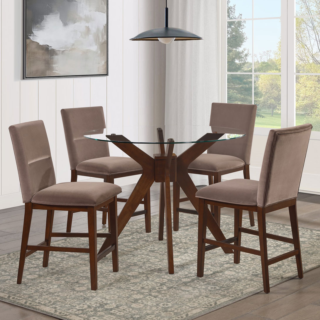 ZEN 5-PIECE GLASS TOP COUNTER SET, BROWN VELVET CHAIRS